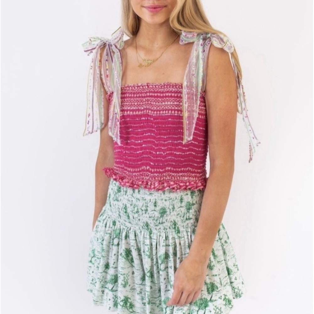 Koch Cece Top in Pink Metallic Punch Toe Shoulder Smocked Sz M